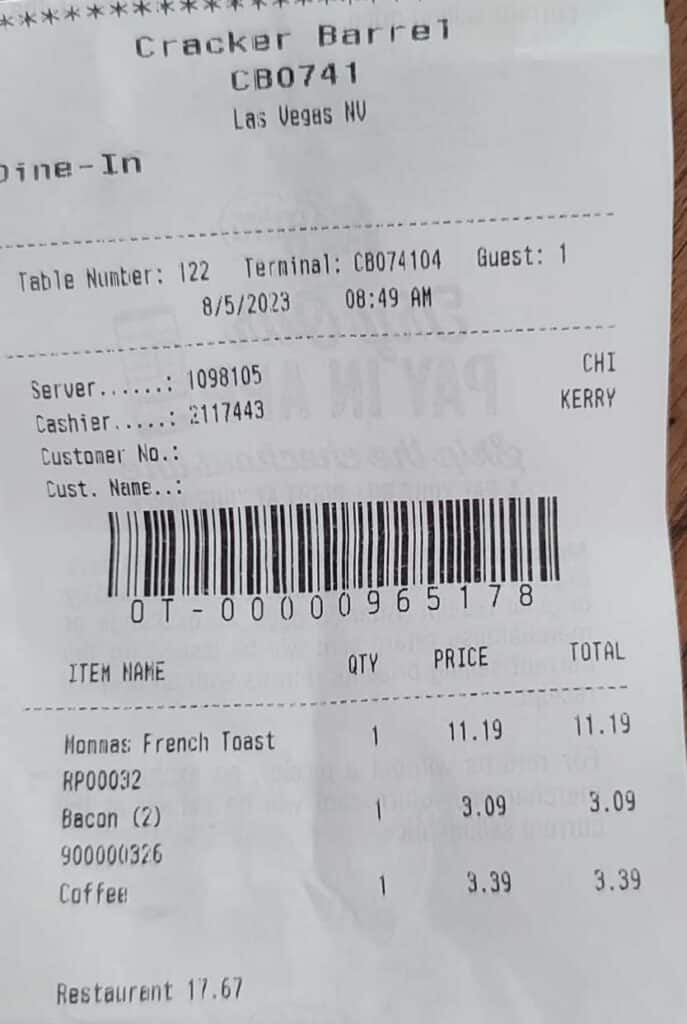 Cracker Barrel Receipt