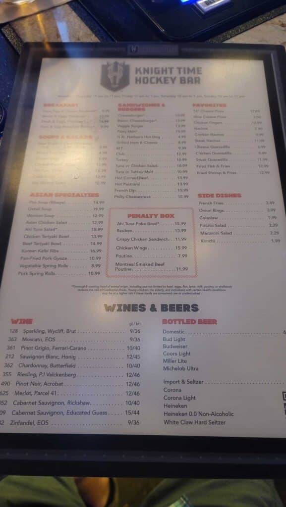 Knight Time Bar Food Menu