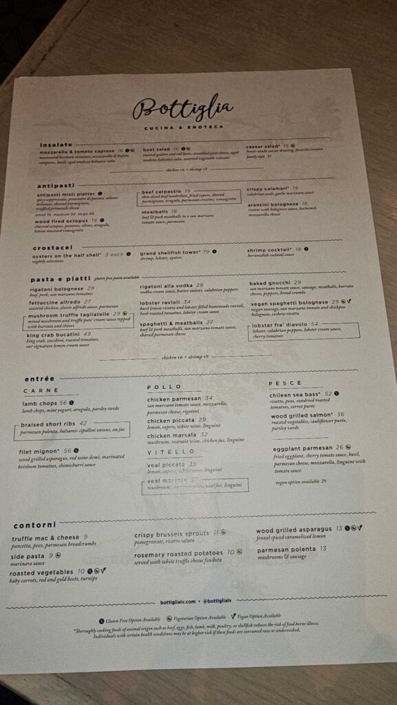 Bottiglia Cucina and Enoteca Menu