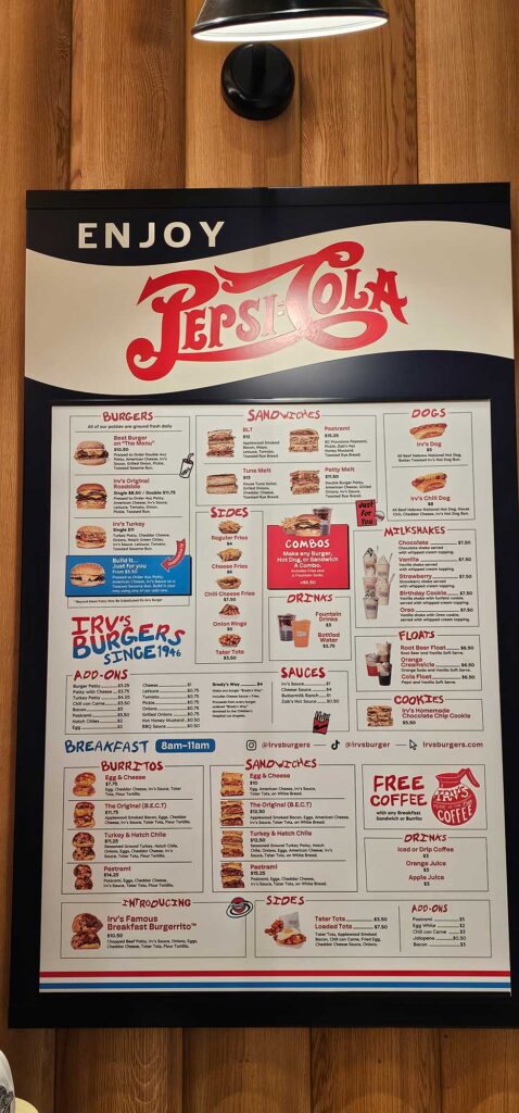 Irvs Burgers Menu