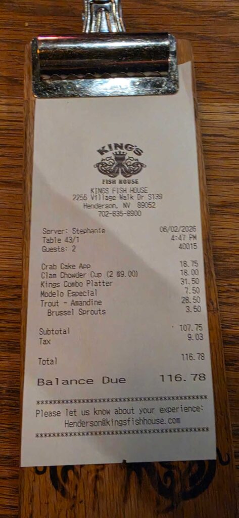 Kings Fish House Receipt